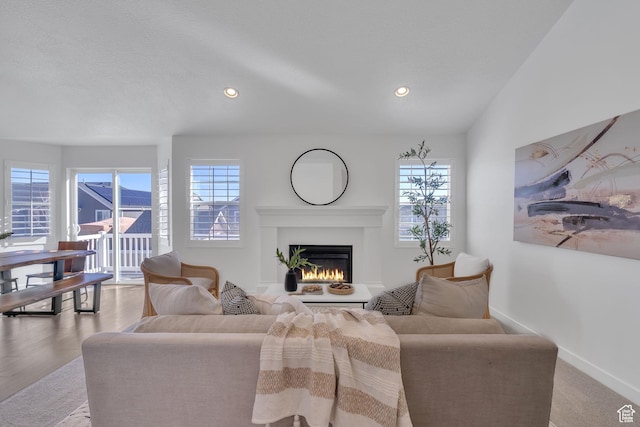 3457 W Blue Crane Dr N, Clinton, UT 84015 - living area featuring a glass covered fireplace, healthy amount of natural light, baseboards, and recessed lighting