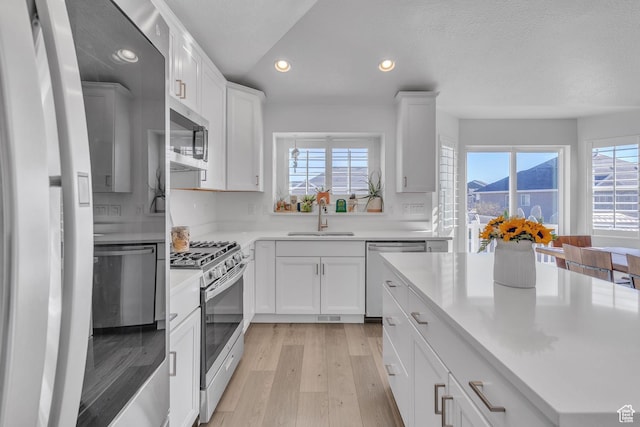 3457 W Blue Crane Dr N, Clinton, UT 84015 - kitchen with appliances with stainless steel finishes, a sink, light wood-type flooring, plenty of natural light, and recessed lighting