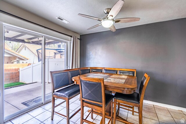 1301 W Indian Hills Dr Unit 59, St George, UT 84770 - dining space with baseboards, a textured ceiling, light tile patterned flooring, visible vents, and a ceiling fan