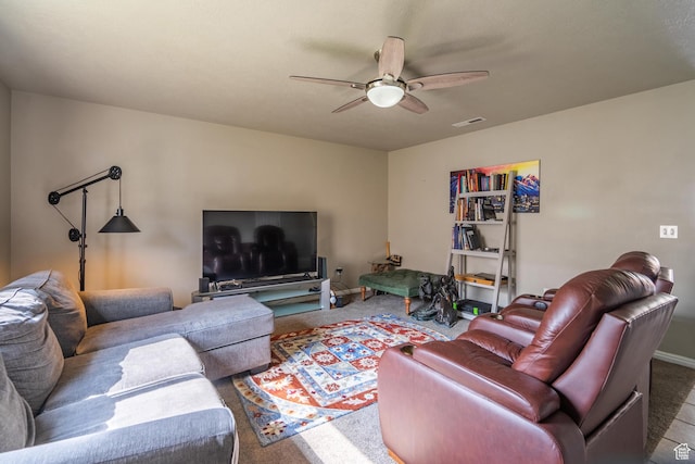 1301 W Indian Hills Dr Unit 59, St George, UT 84770 - living area with carpet flooring, a ceiling fan, baseboards, and visible vents