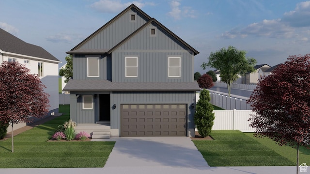 view of front of home featuring fence, driveway, an attached garage, and board and batten siding