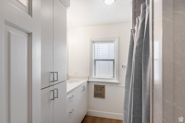 199 N 300 W, Garden City, UT 84028 - bathroom featuring heating unit, vanity, crown molding, and wood finished floors