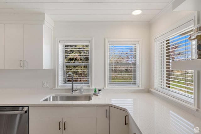 199 N 300 W, Garden City, UT 84028 - kitchen with light countertops, ornamental molding, white cabinetry, a sink, and stainless steel dishwasher