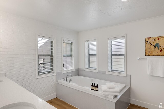 199 N 300 W, Garden City, UT 84028 - bathroom with baseboards, a sink, a garden tub, double vanity, and wood finished floors