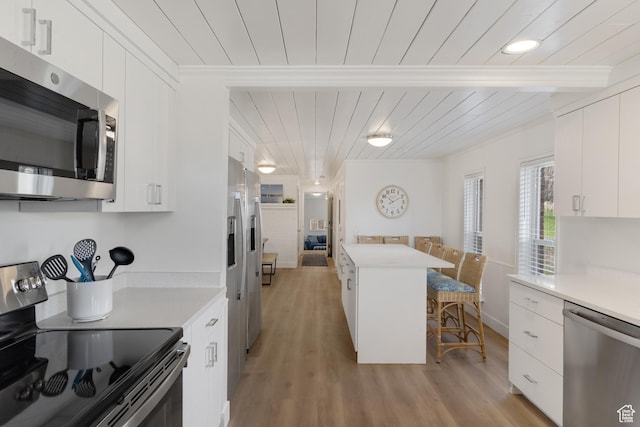 199 N 300 W, Garden City, UT 84028 - kitchen featuring white cabinetry, ornamental molding, stainless steel appliances, and a kitchen breakfast bar