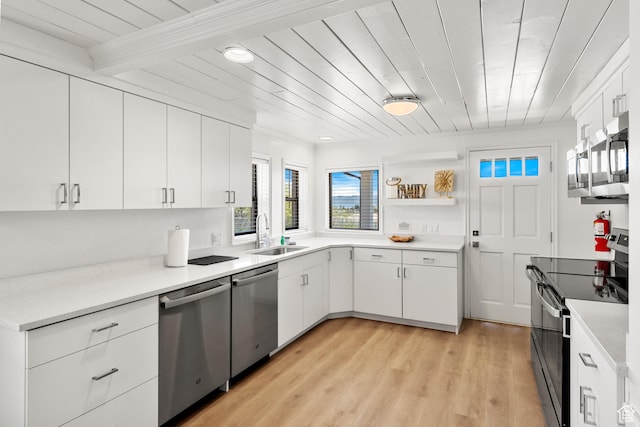 199 N 300 W, Garden City, UT 84028 - kitchen with white cabinets, appliances with stainless steel finishes, a sink, light wood-type flooring, and wood ceiling