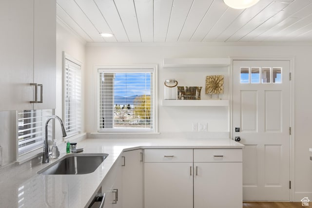 199 N 300 W, Garden City, UT 84028 - kitchen with wooden ceiling, white cabinetry, a sink, and ornamental molding