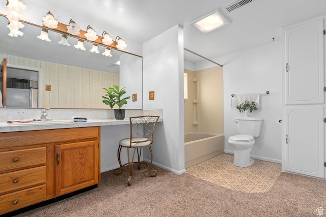 full bath featuring vanity, toilet, carpet, visible vents, and shower / tub combination