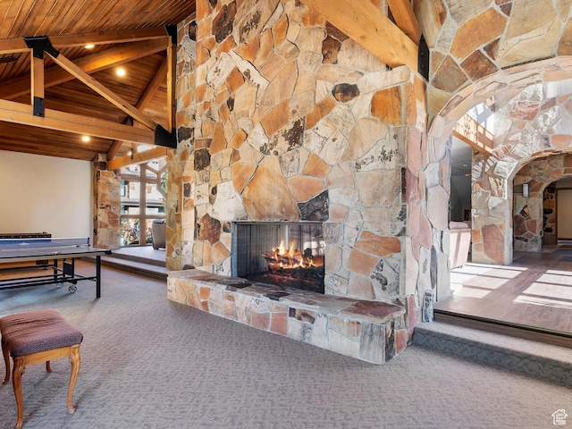 3615 N Wolf Lodge Dr E Unit 109, Eden, UT 84310 - interior space featuring high vaulted ceiling, wooden ceiling, beam ceiling, a fireplace, and arched walkways