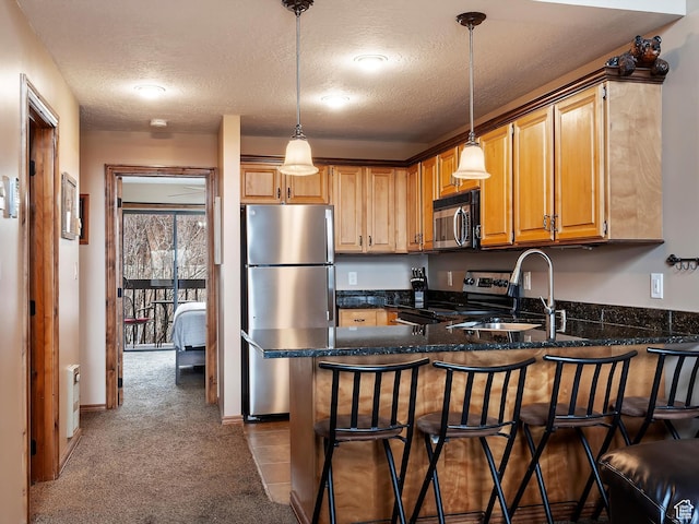 3615 N Wolf Lodge Dr E Unit 109, Eden, UT 84310 - kitchen with a peninsula, stainless steel appliances, dark colored carpet, and pendant lighting