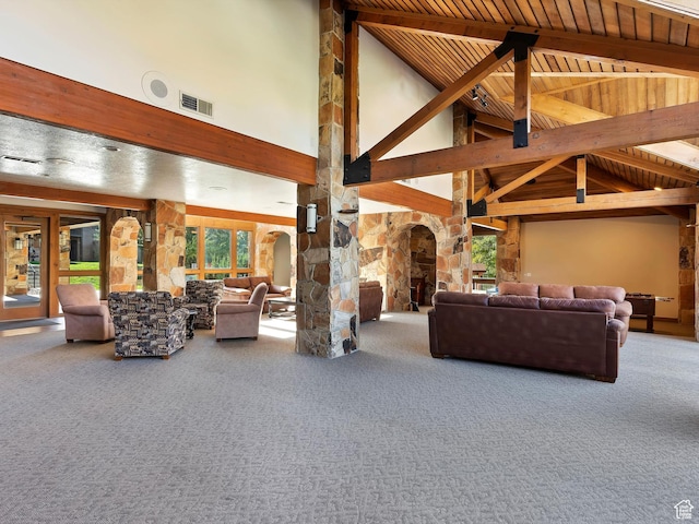 3615 N Wolf Lodge Dr E Unit 109, Eden, UT 84310 - carpeted living room with high vaulted ceiling, wooden ceiling, beam ceiling, visible vents, and arched walkways