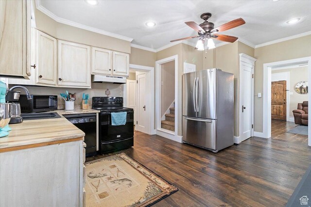 278 S 100 E, Manti, UT 84642 - kitchen featuring a sink, dark wood finished floors, under cabinet range hood, black appliances, and ornamental molding