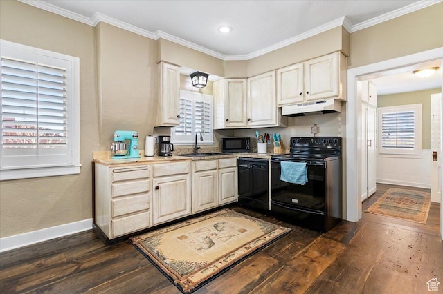 278 S 100 E, Manti, UT 84642 - kitchen featuring black appliances, under cabinet range hood, a sink, and dark wood-style flooring