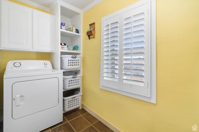 278 S 100 E, Manti, UT 84642 - laundry room featuring crown molding, dark tile patterned floors, baseboards, washer / dryer, and cabinet space