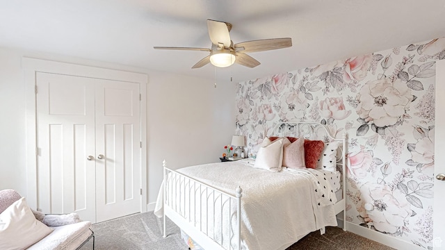 452 S 2500 E Unit 122, Spanish Fork, UT 84660 - bedroom with a closet, carpet flooring, ceiling fan, and wallpapered walls