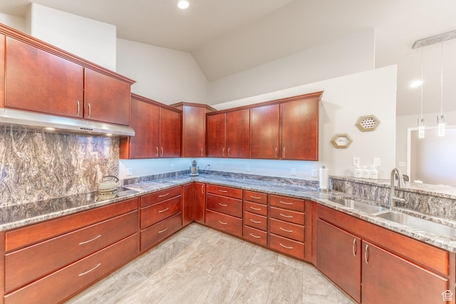 907 W 1840 S Unit B, Syracuse, UT 84075 - kitchen featuring decorative backsplash, under cabinet range hood, a sink, stone countertops, and vaulted ceiling