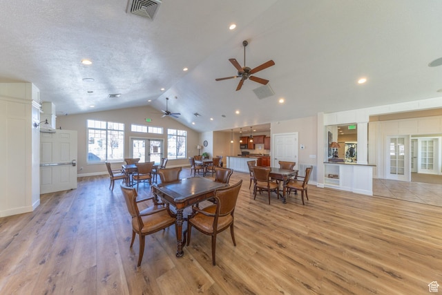 907 W 1840 S Unit B, Syracuse, UT 84075 - dining space with light wood-type flooring, a ceiling fan, vaulted ceiling, and visible vents