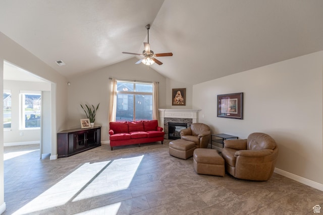 907 W 1840 S Unit B, Syracuse, UT 84075 - living area featuring a ceiling fan, plenty of natural light, vaulted ceiling, and a fireplace