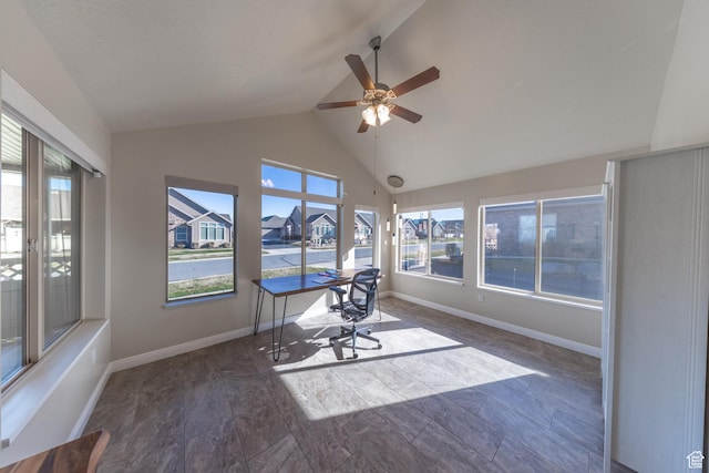 907 W 1840 S Unit B, Syracuse, UT 84075 - unfurnished sunroom featuring baseboards, high vaulted ceiling, wood finished floors, and a residential view