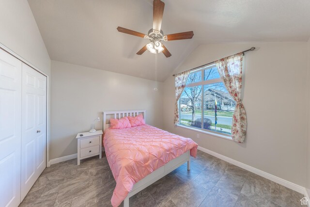907 W 1840 S Unit B, Syracuse, UT 84075 - bedroom featuring baseboards, ceiling fan, vaulted ceiling, and a closet