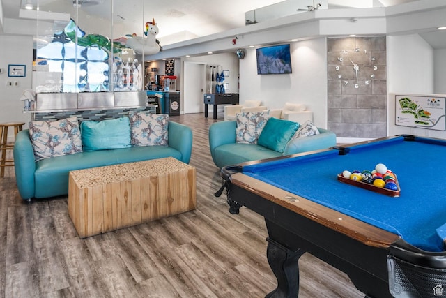 rec room with pool table and wood finished floors