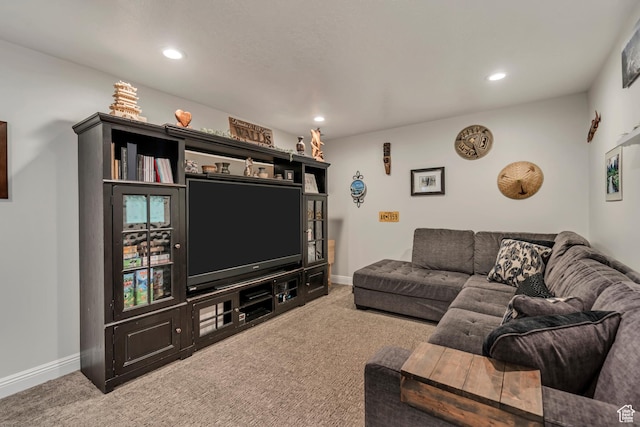 living area with baseboards, recessed lighting, and carpet flooring