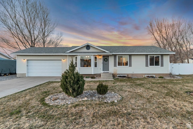 single story home featuring driveway, an attached garage, fence, and roof with shingles