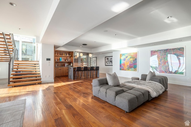 2908 W Deer Pointe Dr, Heber City, UT 84032 - living room featuring stairs, hardwood / wood-style flooring, bar area, baseboards, and recessed lighting