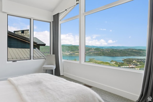 2908 W Deer Pointe Dr, Heber City, UT 84032 - bedroom with multiple windows, carpet flooring, vaulted ceiling, and a water view