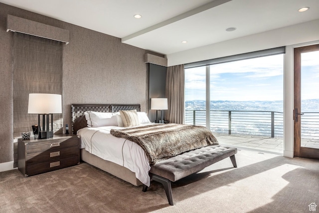 2908 W Deer Pointe Dr, Heber City, UT 84032 - carpeted bedroom with wallpapered walls, access to outside, a mountain view, and recessed lighting