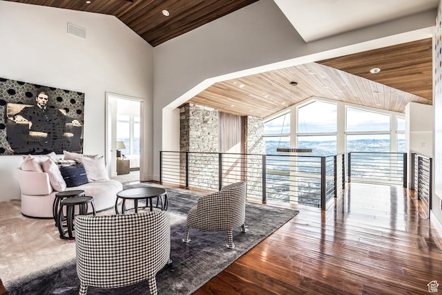 2908 W Deer Pointe Dr, Heber City, UT 84032 - sitting room with an upstairs landing, high vaulted ceiling, visible vents, wood finished floors, and wooden ceiling