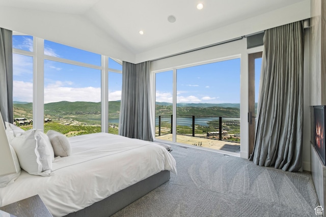 2908 W Deer Pointe Dr, Heber City, UT 84032 - bedroom with lofted ceiling, access to exterior, a water and mountain view, carpet, and recessed lighting