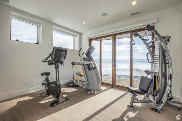 2908 W Deer Pointe Dr, Heber City, UT 84032 - exercise area with visible vents, baseboards, recessed lighting, carpet floors, and a mountain view