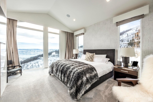 2908 W Deer Pointe Dr, Heber City, UT 84032 - carpeted bedroom featuring multiple windows, a wall mounted AC, a mountain view, and lofted ceiling