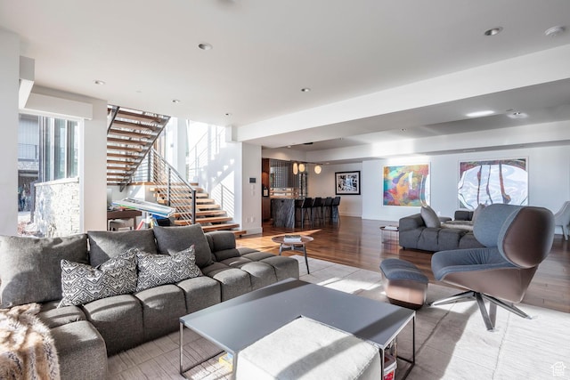 2908 W Deer Pointe Dr, Heber City, UT 84032 - living room with stairs, recessed lighting, and light wood-style floors