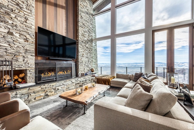2908 W Deer Pointe Dr, Heber City, UT 84032 - living room with a fireplace and a high ceiling