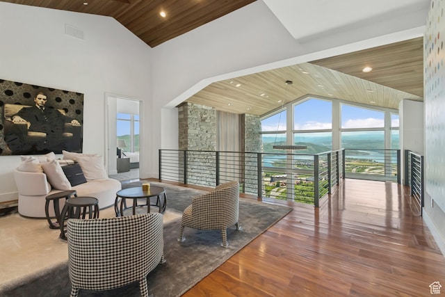 2908 W Deer Pointe Dr, Heber City, UT 84032 - living room featuring wood ceiling, high vaulted ceiling, wood finished floors, a water view, and recessed lighting