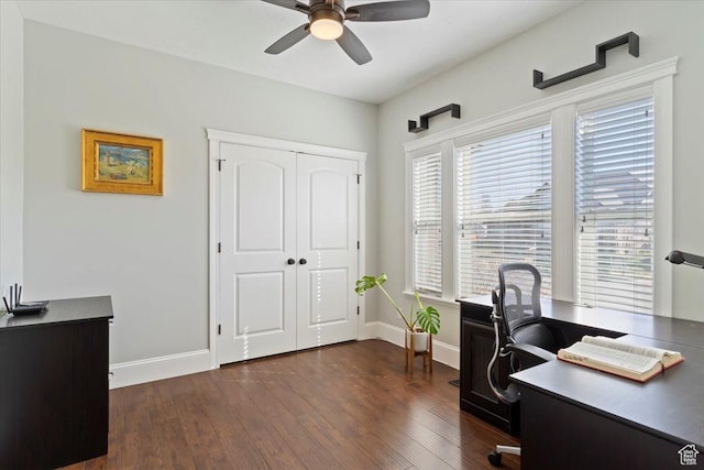 office with a ceiling fan, dark wood-type flooring, and baseboards