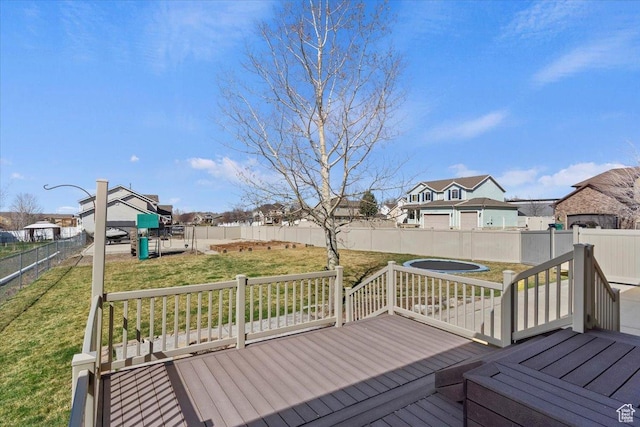 wooden terrace with a fenced backyard, a playground, a yard, and a residential view