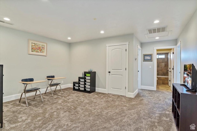 home office featuring baseboards, visible vents, recessed lighting, and carpet flooring