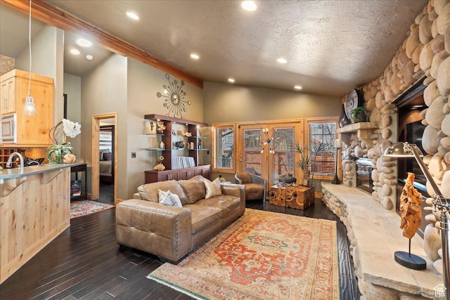 3594 E 3800 S, Salt Lake City, UT 84109 - living area with a textured ceiling, dark wood finished floors, vaulted ceiling, and recessed lighting