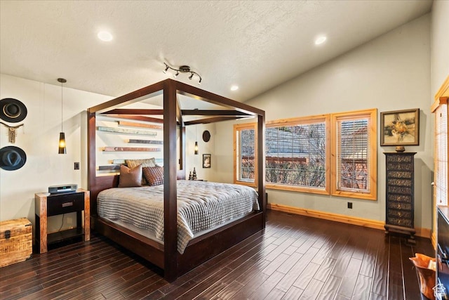 3594 E 3800 S, Salt Lake City, UT 84109 - bedroom with a textured ceiling, vaulted ceiling, recessed lighting, wood finished floors, and baseboards