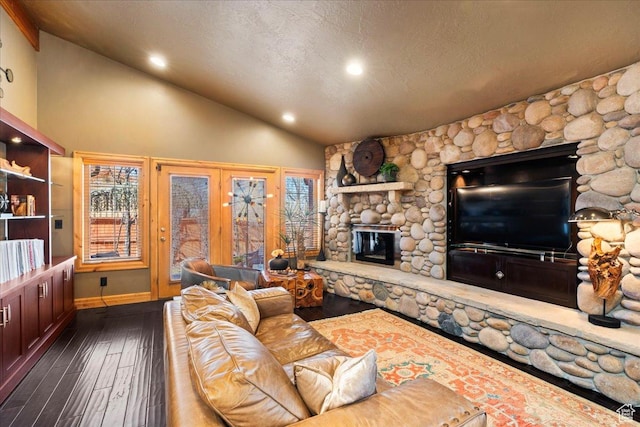 3594 E 3800 S, Salt Lake City, UT 84109 - living area featuring recessed lighting, a fireplace, dark wood-style flooring, and vaulted ceiling