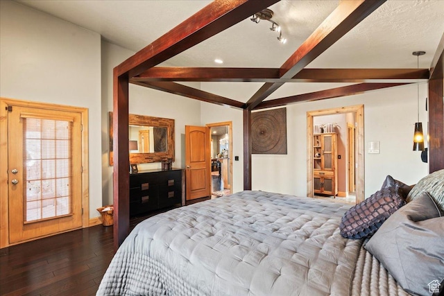 3594 E 3800 S, Salt Lake City, UT 84109 - bedroom with lofted ceiling with beams, dark wood finished floors, and baseboards