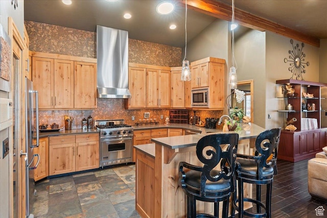 3594 E 3800 S, Salt Lake City, UT 84109 - kitchen featuring light brown cabinets, high end appliances, wall chimney range hood, and a breakfast bar