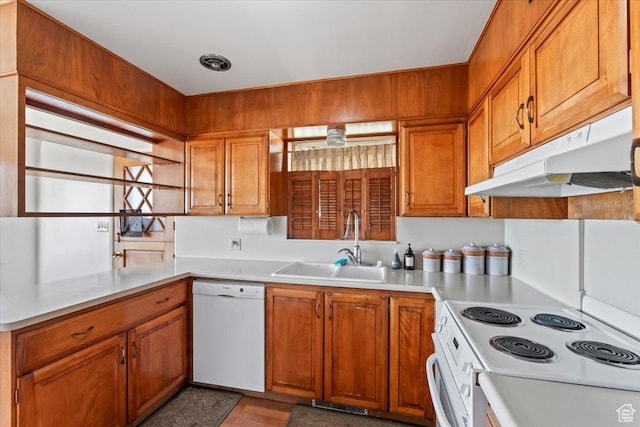 kitchen featuring light countertops, a sink, brown cabinets, under cabinet range hood, and white appliances
