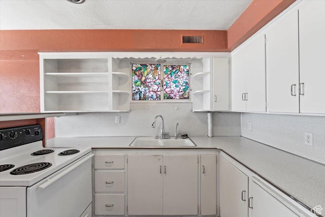 kitchen with a sink, open shelves, white range with electric cooktop, visible vents, and white cabinets