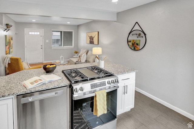 650 N 300 W Unit 202, Salt Lake City, UT 84103 - kitchen with light stone counters, appliances with stainless steel finishes, open floor plan, baseboards, and white cabinets