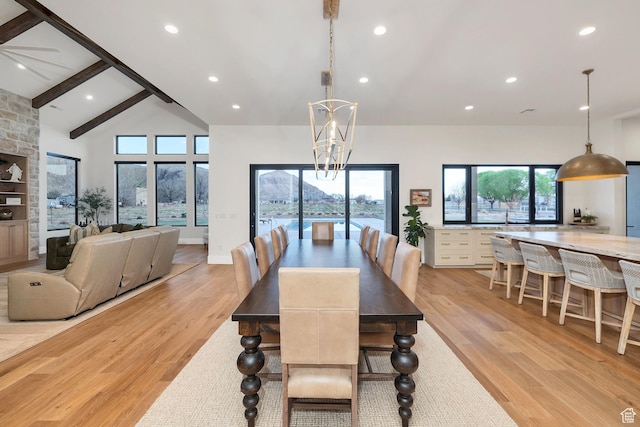 775 W 1300 S, Hurricane, UT 84737 - dining room with light wood-style floors, recessed lighting, a chandelier, beamed ceiling, and high vaulted ceiling