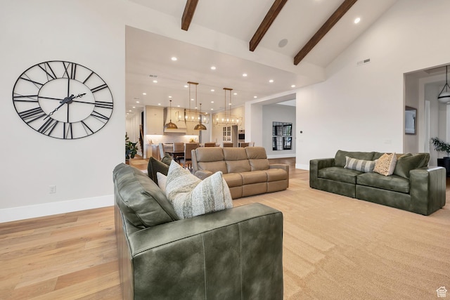 775 W 1300 S, Hurricane, UT 84737 - living room featuring recessed lighting, beamed ceiling, light wood-style flooring, baseboards, and high vaulted ceiling